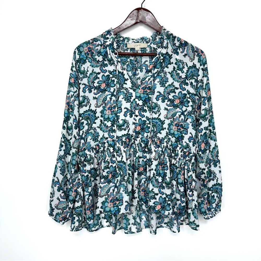 Loft Blue Floral Long Sleeve Peasant Top High Low Ruffle Hem Blouse Size XS